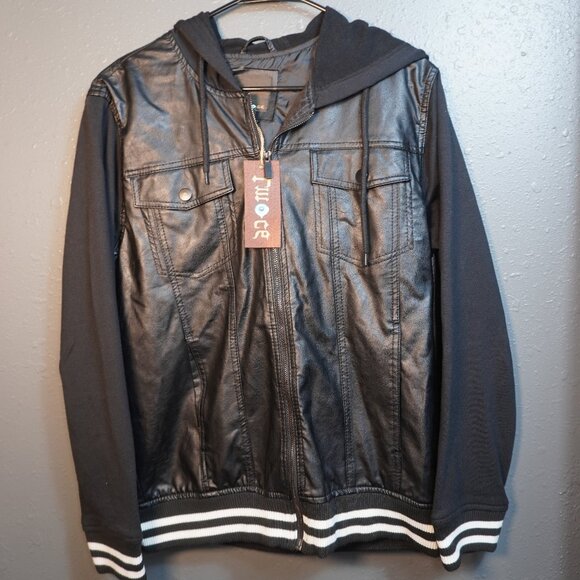 Twoce Womens New With Tag Faux Leather Hooded Zip Up Jacket Black Size Large - Picture 1 of 5